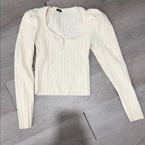 Express Cream Ribbed V-Neck Long Sleeve Top